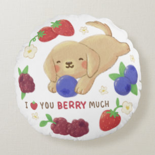 I Love You Berry Much: Cute Dog with Berries Round Cushion