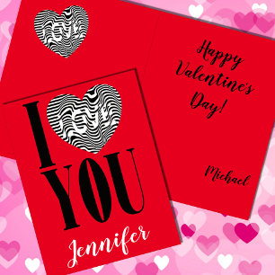I love you black and white striped heart on red holiday card