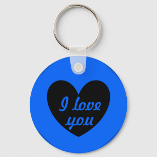 "I love you" Black heart on blue Key Ring