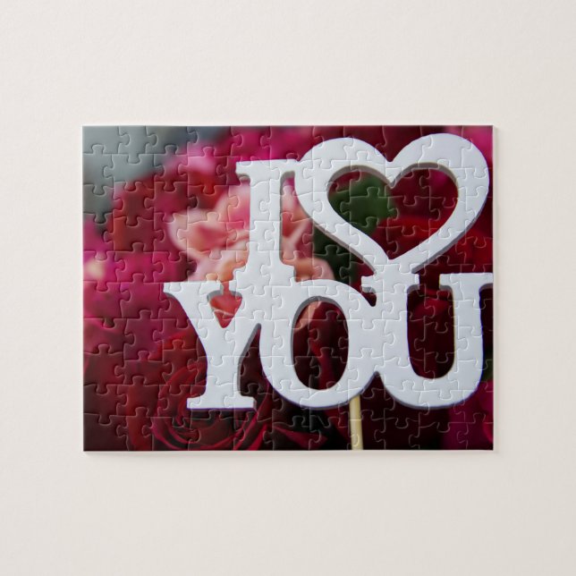 I Love You | Block Text Heart on Red Roses Photo Jigsaw Puzzle (Horizontal)