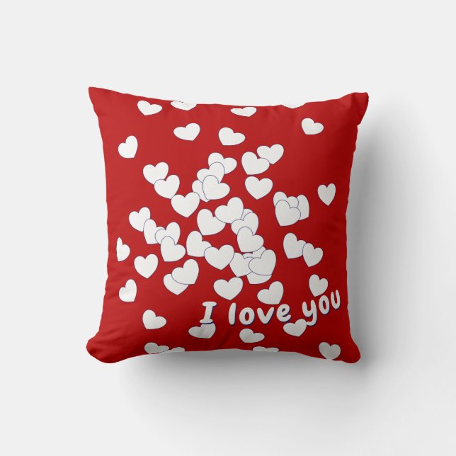 I Love You -  Both Sides White Hearts On Red Cushion (Front)