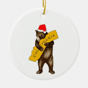 I Love You California Bear with Santa Hat Ceramic  Tree Decoration