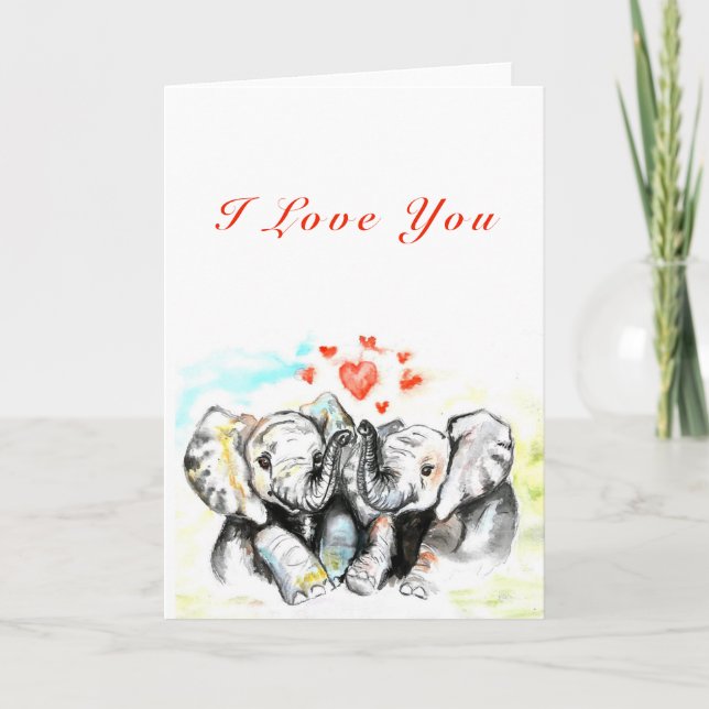 I Love You Card Couple Elephants - Painting (Front)