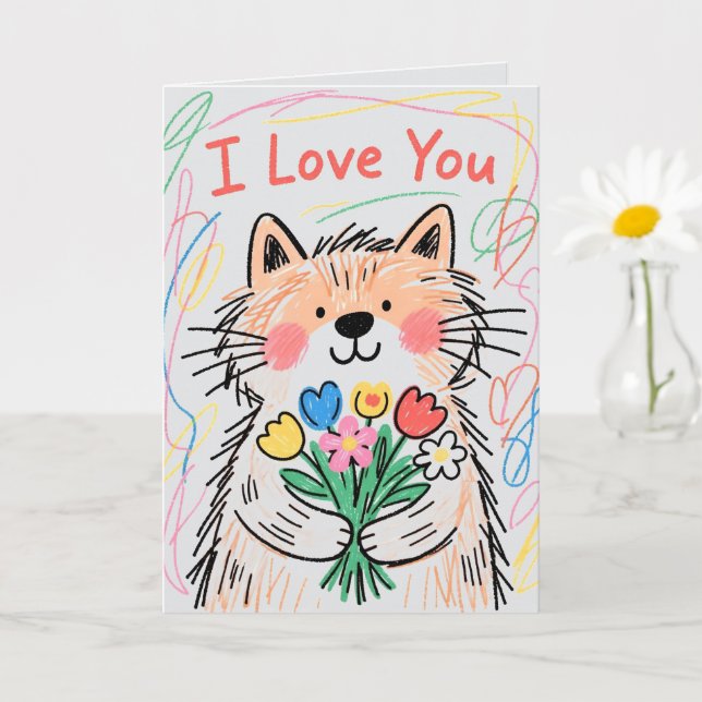 I Love You Card Scribble Cat (Small Plant)