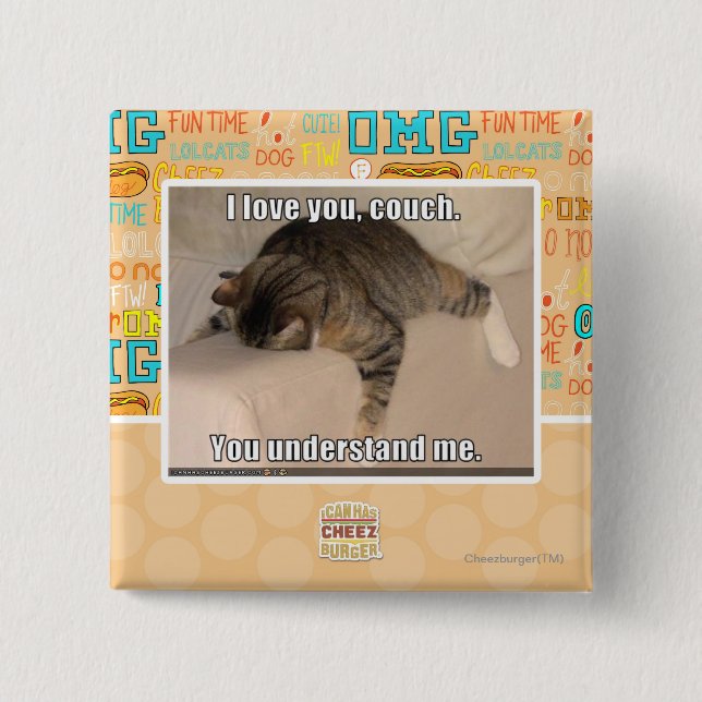 I love you, couch. 15 cm square badge (Front)