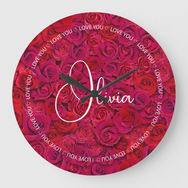 I Love You Custom Name Red Roses Love Large Clock (Front)