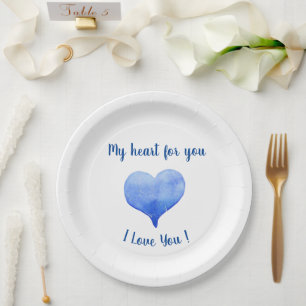 I Love You Cute Blue Heart Valentine's Day    Paper Plate