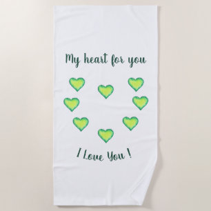 I Love You Cute Green and Blue Heart Birthday Beach Towel
