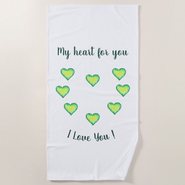 I Love You Cute Green and Blue Heart Birthday    Beach Towel (Front)