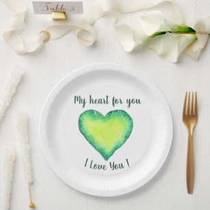 I Love You Cute Green and Blue Heart Birthday     Paper Plate