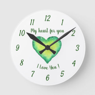 I Love You Cute Green and Blue Heart Birthday Round Clock