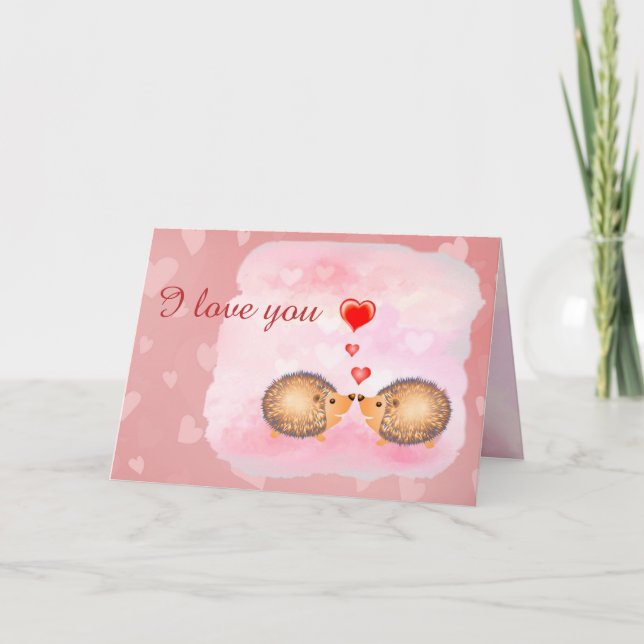 I LOVE YOU cute pink kiss hegdehogs valentine Card (Front)