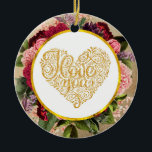 I Love You Fancy Golden Heart with Floral Frame Ceramic Tree Decoration<br><div class="desc">An ornament with a fancy golden heart. Decorative swirls and shapes with the words "I Love You" written in fancy script font. Surrounded by a circle frame with a faux gold foil border. Behind the circle frame, are some pretty florals in red, pink and purple with green leaves. The background...</div>