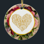 I Love You Fancy Golden Heart with Floral Frame Ceramic Tree Decoration<br><div class="desc">An ornament with a fancy golden heart. Decorative swirls and shapes with the words "I Love You" written in fancy script font. Surrounded by a circle frame with a faux gold foil border. Behind the circle frame, are some pretty florals in red, pink and purple with green leaves. The background...</div>