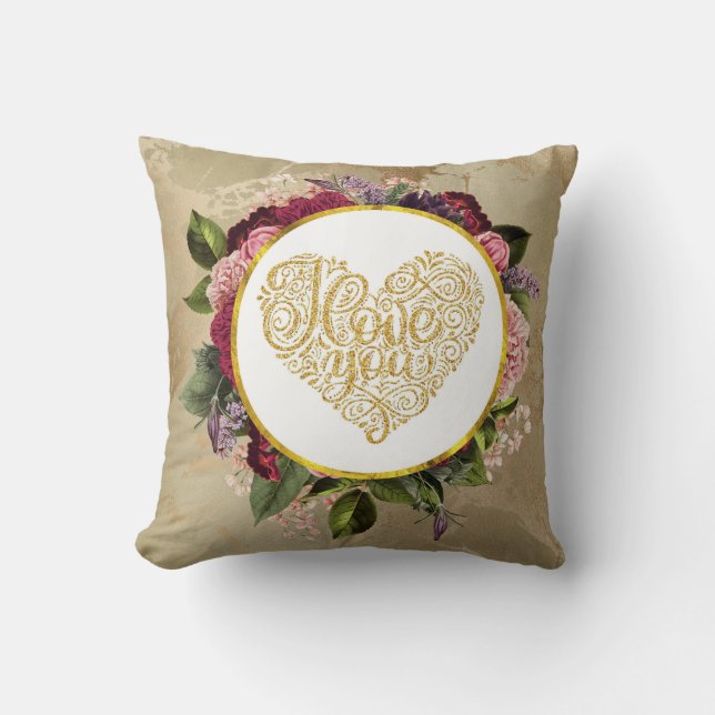I Love You Fancy Golden Ornate Heart with FloralsI Cushion (Front)