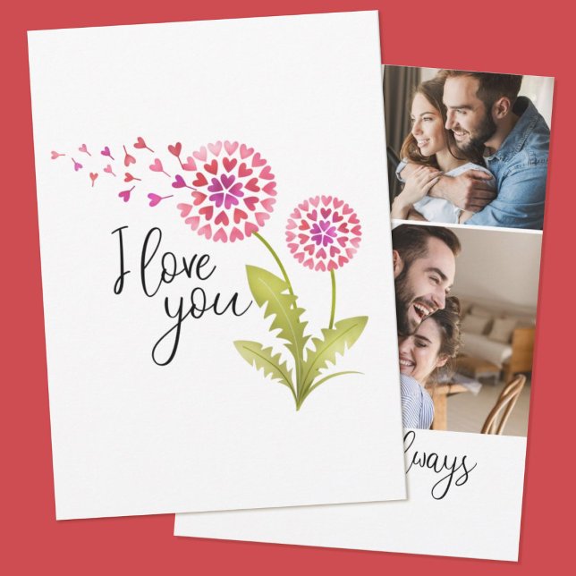 I love You Floral Dandelion Photo Valentines Day Holiday Card (A cute 3 photo Valentine's Day card with a heart dandelion flower and the words," "love you")