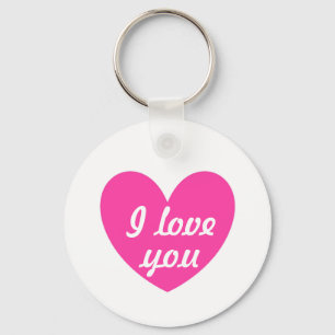 "I love you" Fuchsia pink heart on white Key Ring