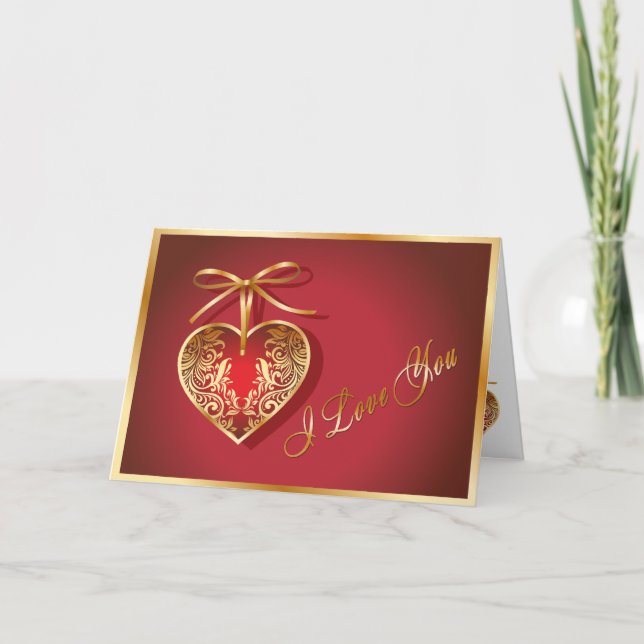 I Love You Gold Filigree Heart Valentine Card (Front)