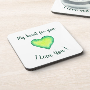 I Love You Green and Blue Heart Valentine's Day Coaster