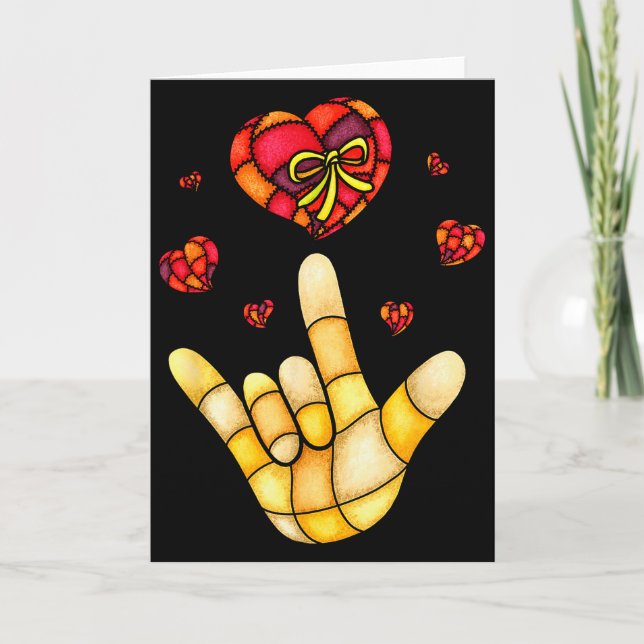 I Love You Hand Sign Language Asl - Hearts Valenti Card (Front)