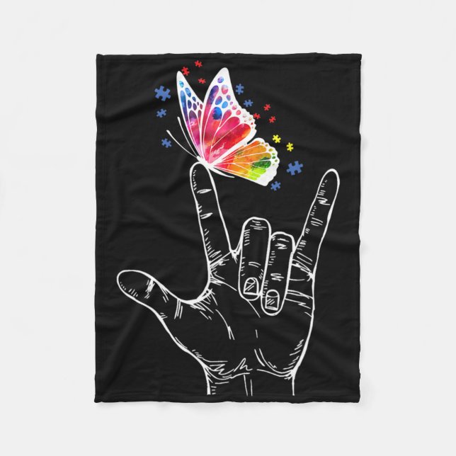 I Love You Hand Sign Language Butterfly Autism Awa Fleece Blanket (Front)