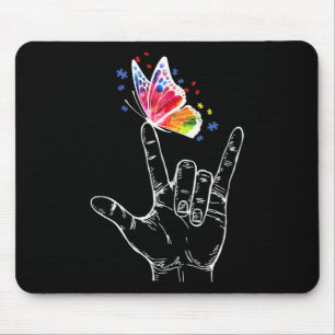 I Love You Hand Sign Language Butterfly Autism Awa Mouse Pad