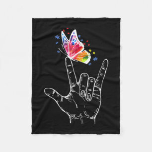 I Love You Hand Sign Language Butterfly Autism Fleece Blanket