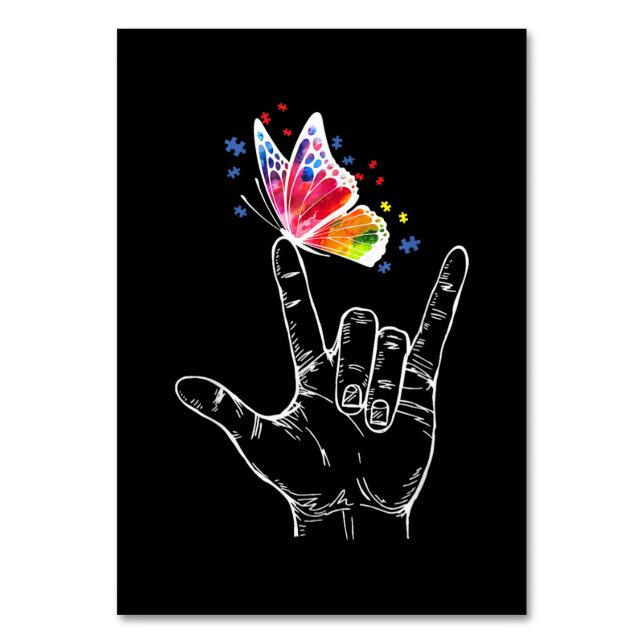 I Love You Hand Sign Language Butterfly Autism Table Number (Front)