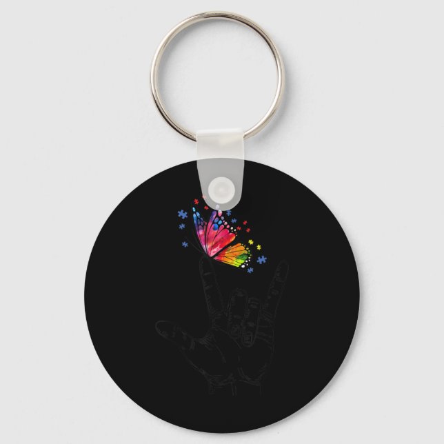 I Love You Hand Sign Language Butterfly Puzzle Pie Key Ring (Front)