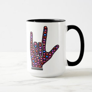 I Love You hand signs filled with emoji hearts Mug