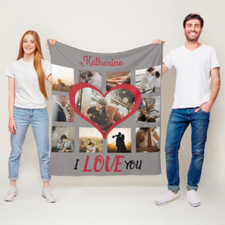 I Love You Heart Photo Collage Stylish Red Script Fleece Blanket