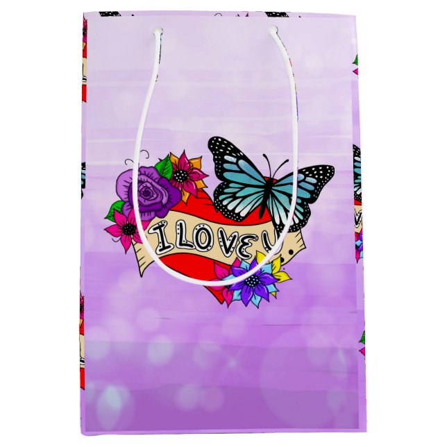 I Love You | Hearts, Roses and Butterflies  Medium Gift Bag (Front)