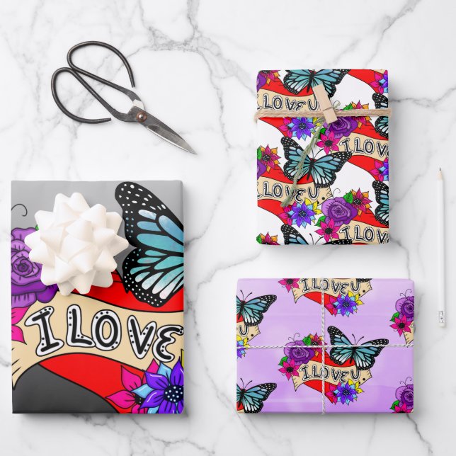I Love You | Hearts, Roses and Butterflies Wrapping Paper Sheet (Front)