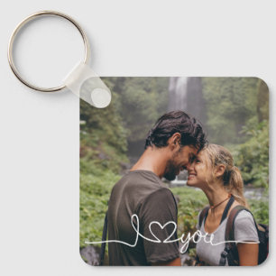 I Love You in White Script with Heart Custom Key Ring