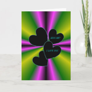 I LOVE YOU -Kiss me - Black Heart on purple green Card