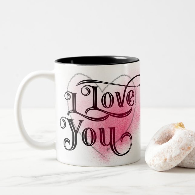 I Love You Modern Light Heart Graphic Elegant Text Two-Tone Coffee Mug (With Donut)