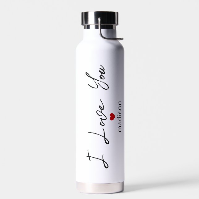 I Love You Modern Script Typography Red Heart Name Water Bottle (Left)