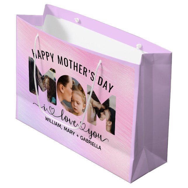 I Love You Mom Custom 3 Photo Collage,Mothers Day Large Gift Bag (Front Angled)