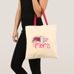 I love you mom, pink purple floral tote bag