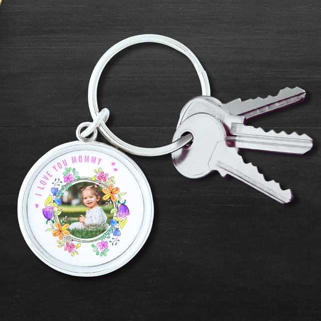 I LOVE YOU MOMMY Photo Colourful Floral Modern Key Ring (Creator Uploaded)