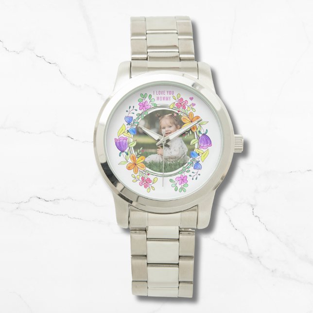 I LOVE YOU MOMMY Photo Colourful Floral Modern Watch (Creator Uploaded)