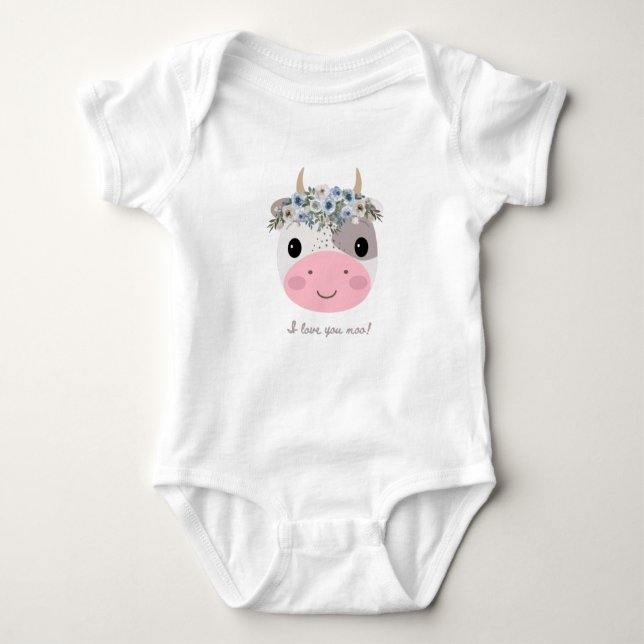 I love you moo! Cute Cow with Floral Wreath Baby Bodysuit (Front)