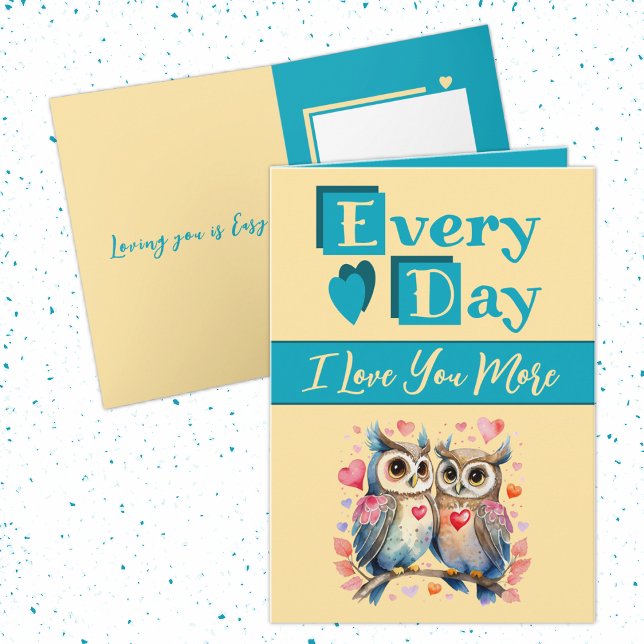 I love you more owls turquoise yellow Valentine Card (Creator Uploaded)
