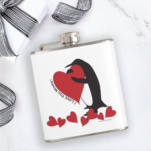 I Love You More! Penguin and Red Heart Hip Flask