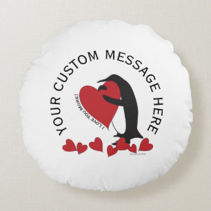 I Love You More! Penguin and Red Heart Round Cushion