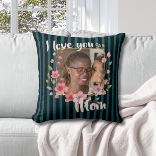 I Love You Mum Black Teal Floral Photo Cushion