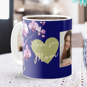 I Love You Mum Heart Orchid Navy Blue Photo Coffee Mug