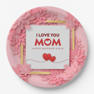 I Love You Mum Mother’s Day Floral and Gold Paper Plate