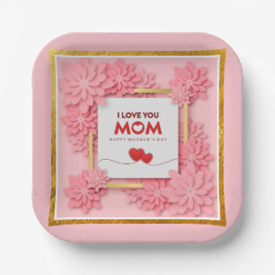 I Love You Mum Mother’s Day Floral and Gold Paper Plate