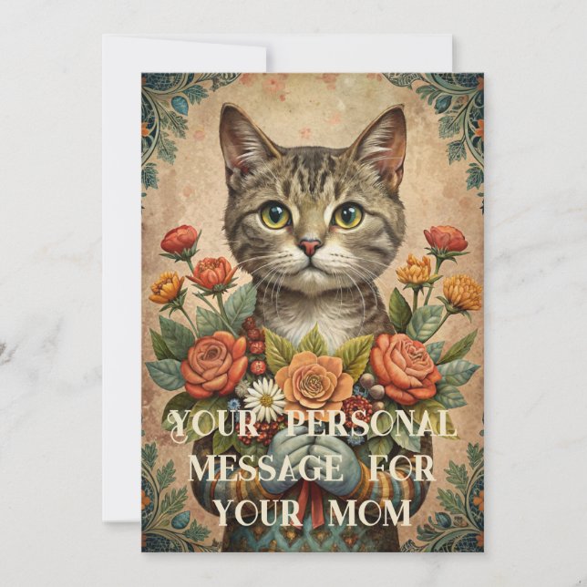 I love you mum - mother's day cat with flowers holiday card (Front)